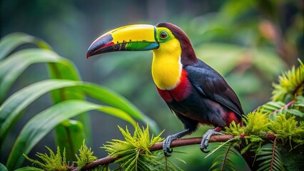 Obraz premium Vibrant chestnut-mandibled toucan with distinctive plumage and oversized bill takes center stage in a lush, green forest setting within parque nacional carara, costa rica.,hd, 8k.
