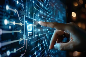 Fototapeta premium Online Retail Concept: Virtual Screen on blurry black background