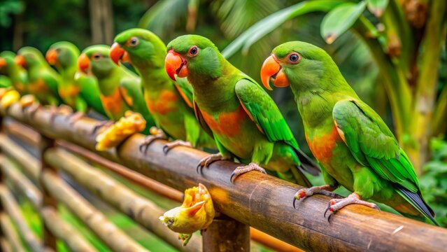 Vibrant orange-chinned parakeets perch on a sun-kissed wooden railing, enthusiastically pecking at ripe bananas amidst lush tropical foliage in costa rica's radiant rainforest.,hd, 8k.