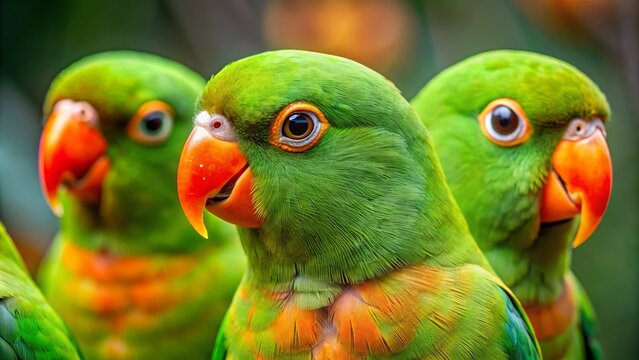 Vibrant orange-chinned parakeets with bright green feathers and distinctive orange chins perch together, their expressive eyes and curved beaks capturing their curious nature.,hd, 8k.
