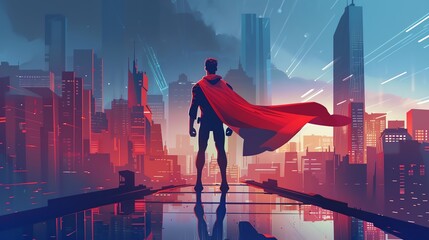 superhero mission flat design, front view, modern city theme, animation, complementary color scheme