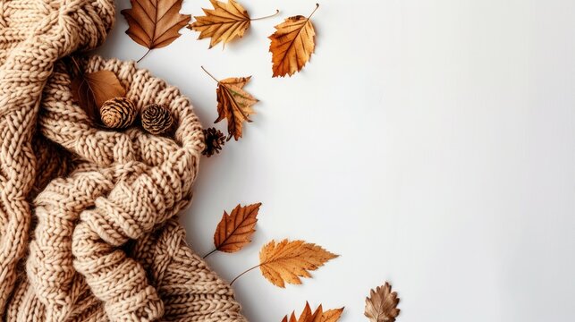 Autumn themed creative design with dry leaves and brown knit blanket on white backdrop Signifying fall season with flat lay layout and space for text