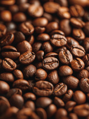 Naklejka premium A close-up of freshly roasted coffee beans, showcasing their rich, brown color and glossy surface. The beans are tightly packed, emphasizing their texture and quality