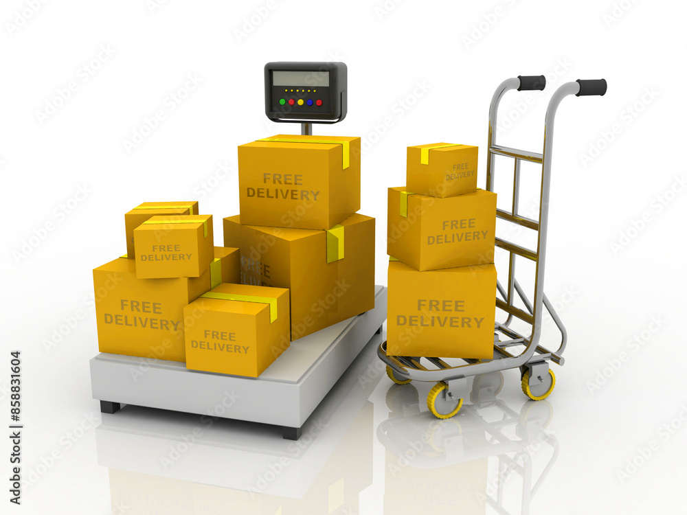 Poster 3d rendering cardboard boxes on weighing scales