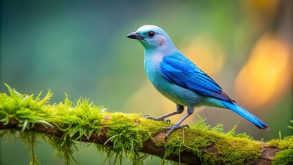 Fototapeta premium Vibrant blue-grey tanager perches on a moss-covered limb amidst lush foliage, set against a misty backdrop of costa rica's majestic cordillera de talamanca mountains.,hd, 8k.