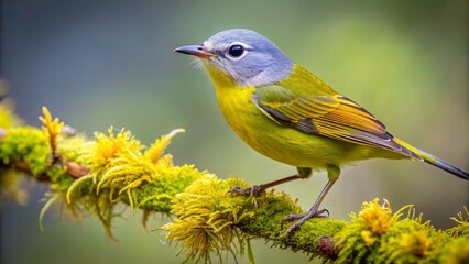 Fototapeta premium Vibrant tennessee warbler perched on a moss-covered branch in the misty cloud forests of cordillera de talamanca, costa rica, showcasing its striking plumage.,hd, 8k.