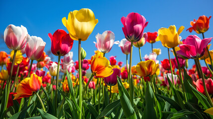 Vibrant Tulip Field Under Clear Blue Sky