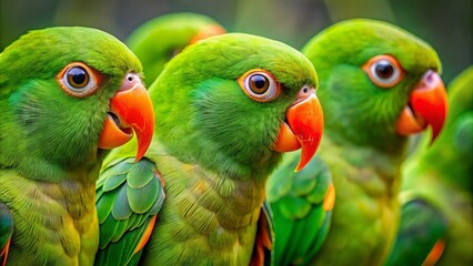 Fototapeta premium Vibrant orange-chinned parakeets with bright green feathers and distinctive orange chins perch together, their expressive eyes and curved beaks capturing their curious nature.,hd, 8k.