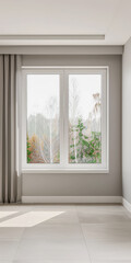 Fototapeta premium Window in a modern room filled with the light coming from it in a home decor composition. Real Estate interiors design with copy-space.