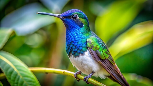 Vibrant female white-necked jacobin hummingbird showcases iridescent blues and greens in a stunning close-up shot amidst lush, tropical foliage in tuis valley, costa rica.,hd, 8k.