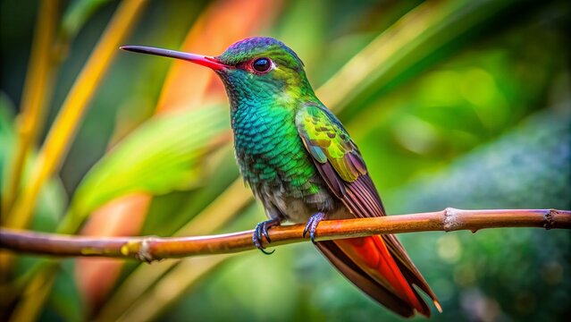 Vibrant red-footed plumeleteer hummingbird perches on a thin branch, its iridescent feathers glistening in the sunlight amidst lush tropical foliage in costa rica.,hd, 8k.