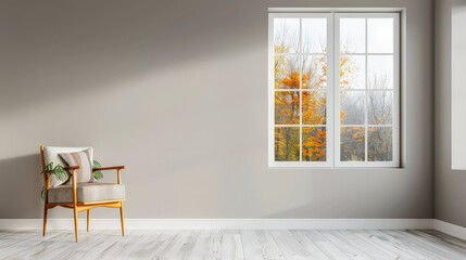 Window in a modern room filled with the light coming from it in a home decor composition. Real Estate interiors design with copy-space.