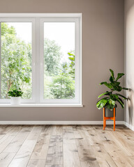 Window in a modern room filled with the light coming from it in a home decor composition. Real Estate interiors design with copy-space.