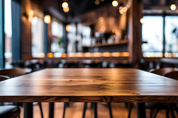 photo wooden table and blurred background of indoor restaurant High quality photo


