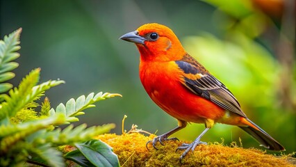 Fototapeta premium Vibrant male flame-colored tanager bird showcased in stunning close-up, set against lush green foliage of cordillera de talamanca, costa rica's tropical rainforest.,hd, 8k.