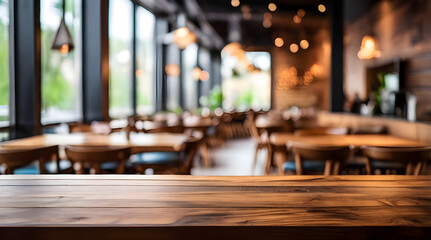 photo wooden table and blurred background of indoor restaurant High quality photo


