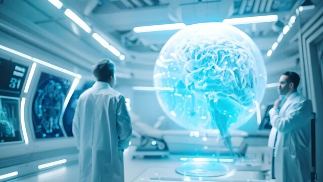 Futuristic lab with observers and a holographic brain