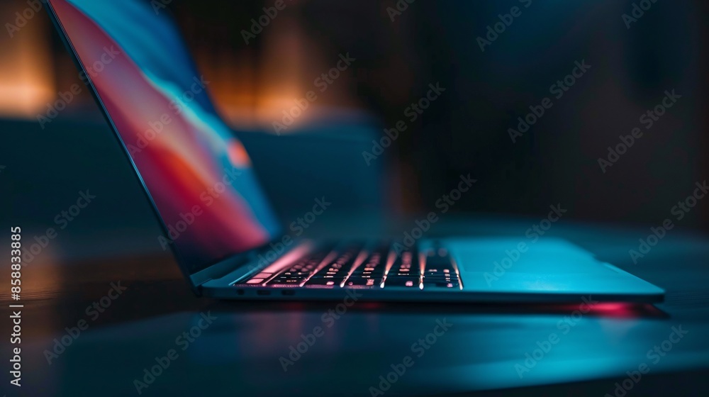 Poster a side view of an open laptop with backlighting.