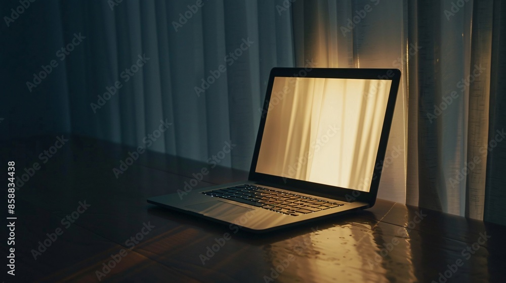 Poster a side view of an open laptop with backlighting.