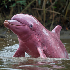 Fototapeta premium Generative AI, Amazon River Dolphin: The Enchanting Boto, Bufeo, or Pink River Dolphin