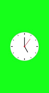Clock icon, and moving arrow rotted on the green background. analog wall clock animation with green screen background vertical for phone, 12h loop. Clock icon animation with key color. Chroma color.