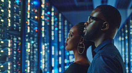 Obraz premium In a server room, an engineer and IT team collaborate on programming, cybersecurity, or maintenance tasks. An African woman and a man technician work together in the datacenter, focusing on network