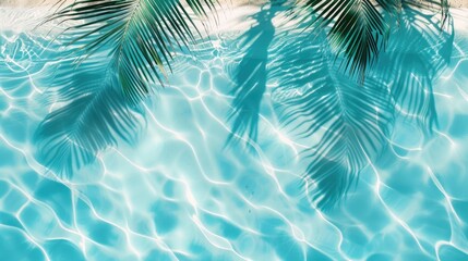 Abstract palm leaf shadow on transparent blue water wave above empty beach for travel concept