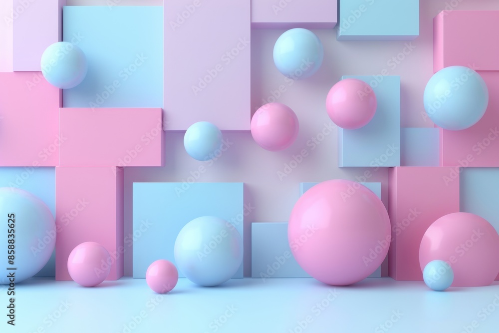 Aufkleber 3d render of dynamic content elements in pastel colors on white background.