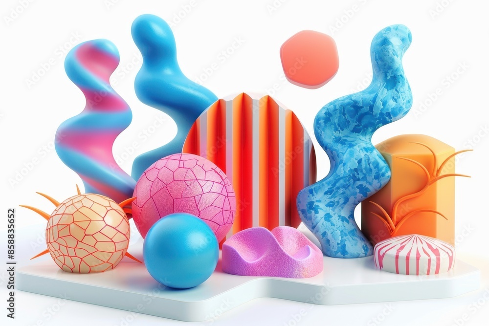 Poster pastel-colored 3d representation of dynamic content on a clean white backdrop.