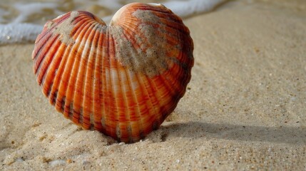 Studio photo of a heart shaped seashell washed ashore, captured with detailed texture and natural colors against a sandy beach background