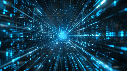 Fototapeta premium Abstract digital tunnel with glowing blue lines and data streams, representing digital space, technology, and the future.