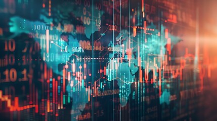 Naklejka premium Abstract digital world map with data and financial charts. Global network, finance and technology concept.