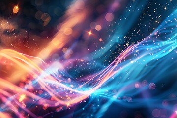 Fototapeta premium Abstract digital waves of vibrant colors. Dynamic lights and sparkling particles create a mesmerizing futuristic background.