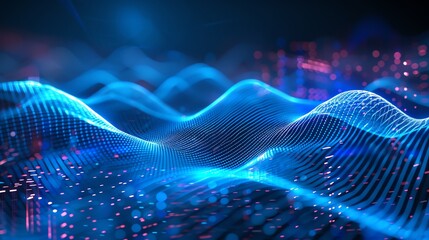 Abstract digital wave pattern background glowing with blue light in a futuristic style, representing data and technology concepts.