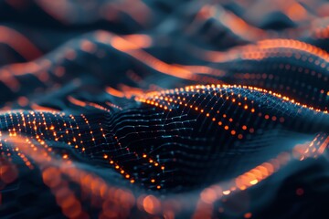 Abstract digital wave with glowing orange dots, showcasing dynamic motion and futuristic design elements.
