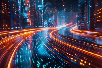 Fototapeta premium Futuristic cityscape at night with vibrant light trails symbolizing fast digital connections and technology advancements.