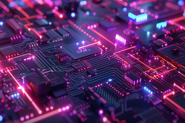 Obraz premium Futuristic circuit board with glowing neon lights, representing advanced technology in a high-tech environment.