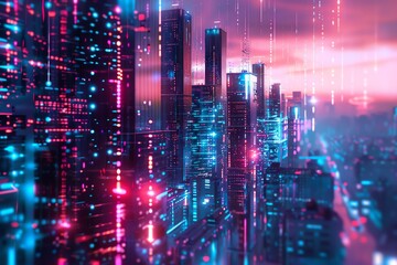 Obraz premium Futuristic cityscape with glowing neon lights, high-rise buildings, and a cyberpunk aesthetic under a vibrant sky.