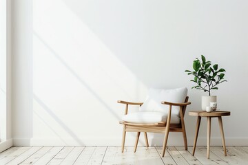 Minimalist interior with a wooden chair, white cushion, side table, and a potted plant against a white wall with sunlight streaming in.