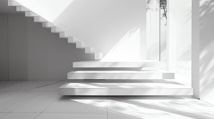 Obraz premium Modern minimalist staircase with sunlight and shadows, featuring clean lines and white walls in a contemporary architectural space.