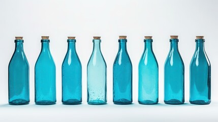 Blue bottles with water on a white background.