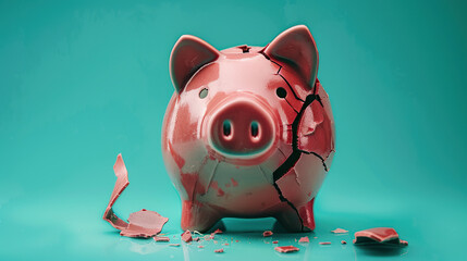 Financial Crisis Concept with a cracked Piggy bank with money and a coin