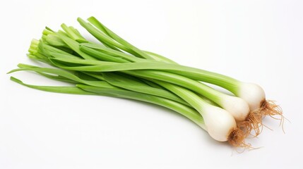 A top view photo of fresh green onions on a white background.