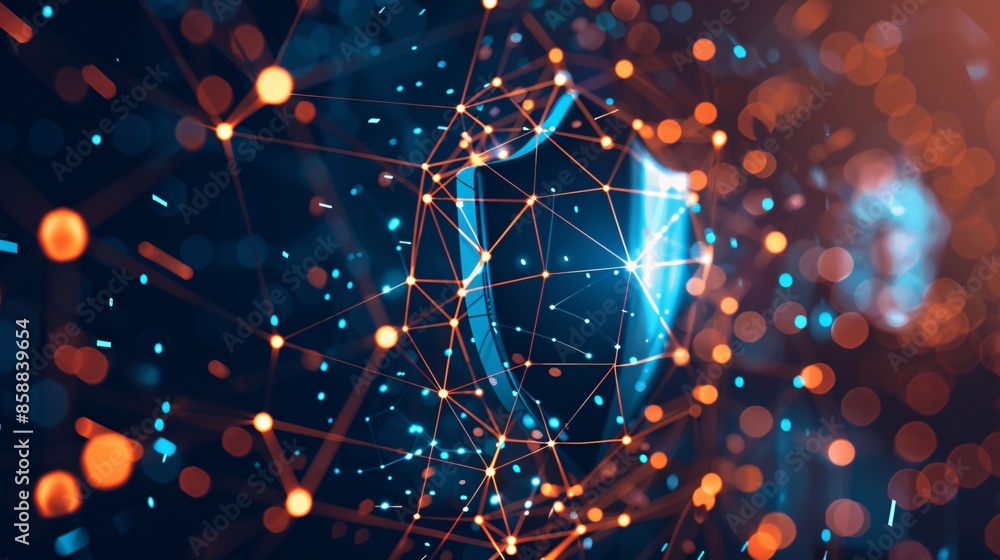 Poster a shield icon symbolizes cybersecurity and digital data network protection, representing the concept