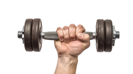 closed up hand holding a heavy gym dumbbell barbell weight, 100%