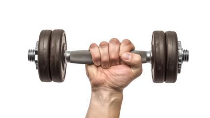 closed up hand holding a heavy gym dumbbell barbell weight, 100%