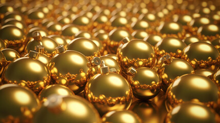 Festive Christmas tree background with golden balls closeup.