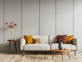 Minimalist room interiors with minimal furniture, natural window lighting and copy space in a luxury property. Residential luxurious Real Estate composition.