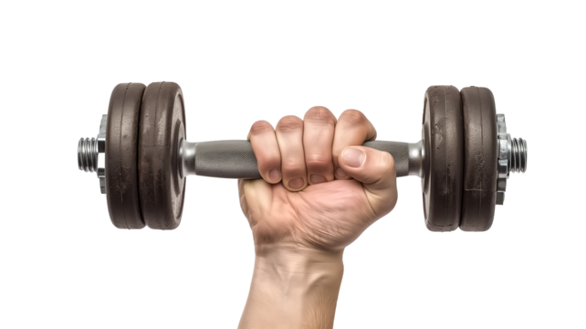 closed up hand holding a heavy gym dumbbell barbell weight, 100%
