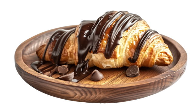single lust tasty chocolate drip on fresh croissant on wooden pl